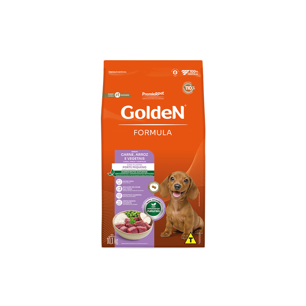 RAÇÃO GOLDEN MINI BITS PARA CÃES FILHOTES DE PORTE PEQUENO SABOR CARNE E ARROZ