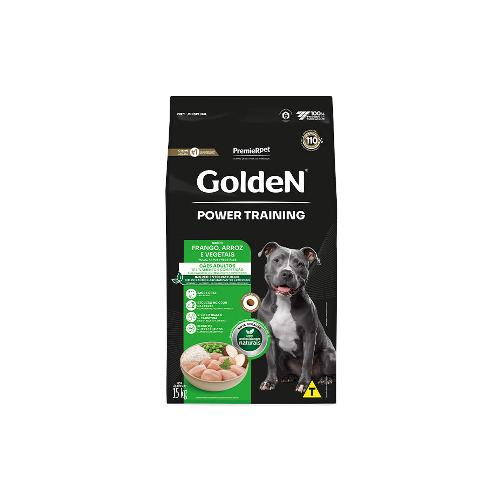 RAÇÃO GOLDEN POWER TRAINING PARA CÃES ADULTOS SABOR FRANGO E ARROZ - 15 KG