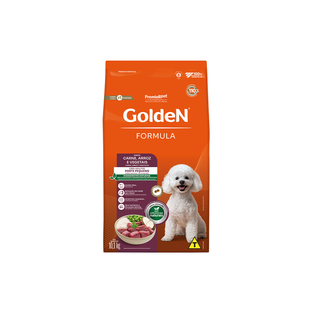 RAÇÃO GOLDEN CÃES ADULTOS DE PORTE PEQUENO SABOR CARNE E ARROZ