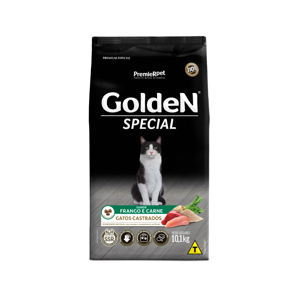 RAÇÃO GOLDEN SPECIAL GATOS CASTRADOS FRANGO E CARNE