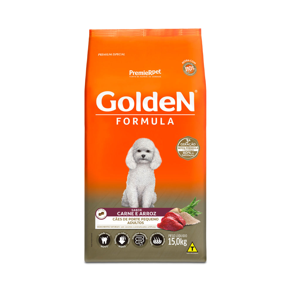 RAÇÃO GOLDEN CÃES ADULTOS DE PORTE PEQUENO SABOR CARNE E ARROZ