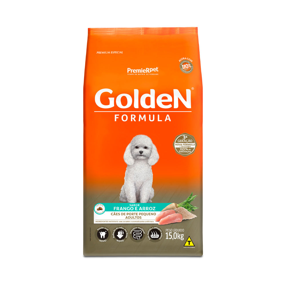 RAÇÃO GOLDEN CÃES ADULTOS DE PORTE PEQUENO SABOR FRANGO E ARROZ