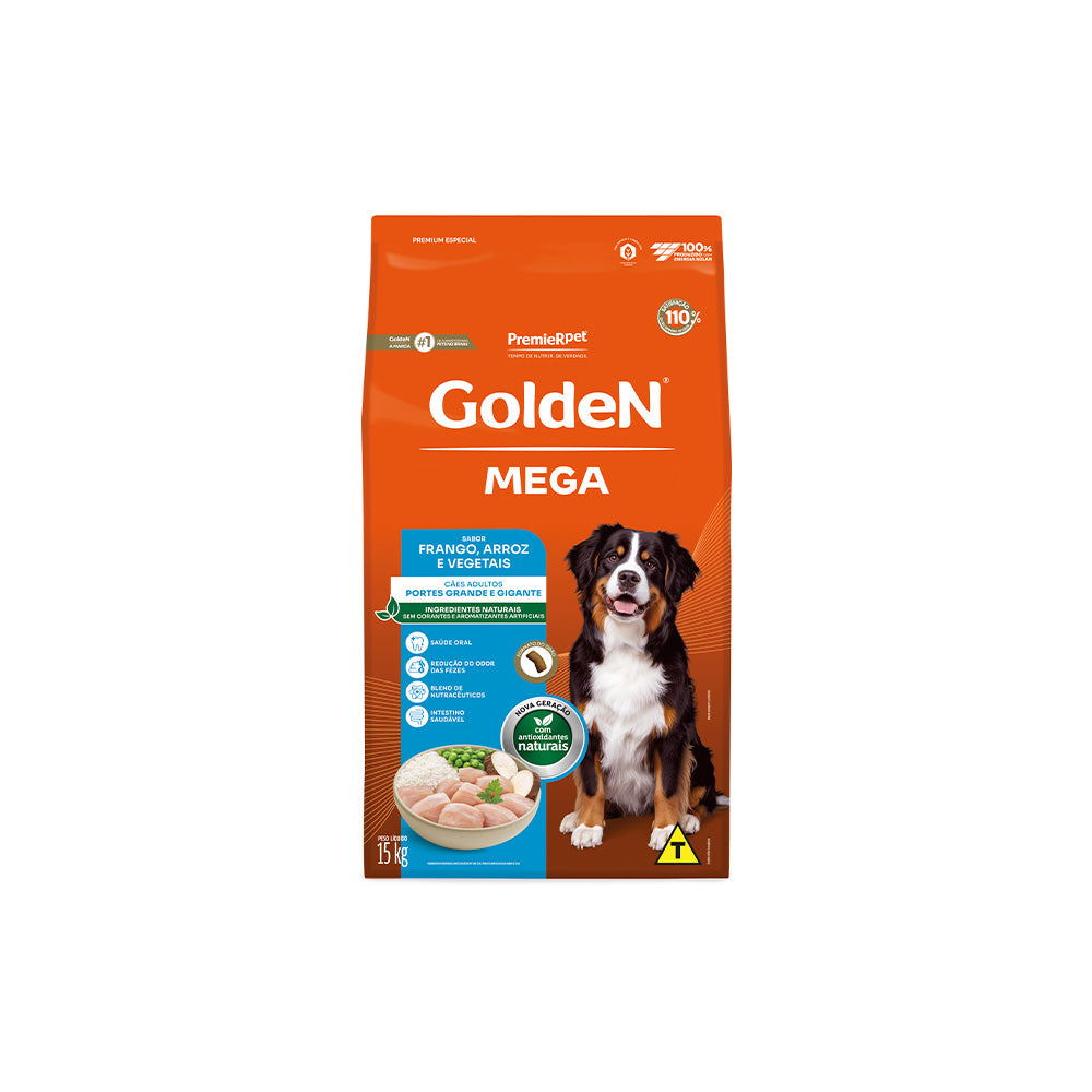 RAÇÃO GOLDEN MEGA PARA CÃES ADULTOS DE PORTE GRANDE SABOR FRANGO E ARROZ - 15 KG