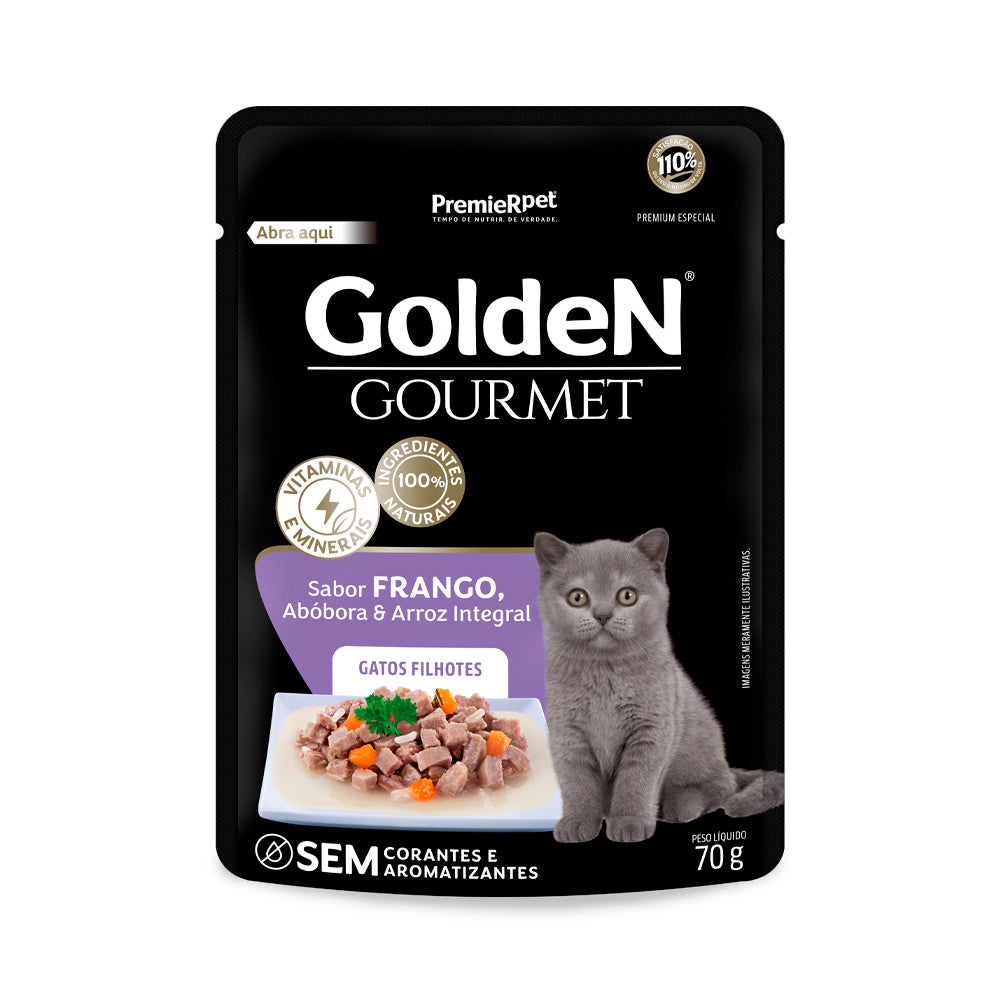 SACHE GOLDEN GOURMET - GATOS FILHOTES FRANGO, ABÓBORA & ARROZ INTEGRAL 70G
