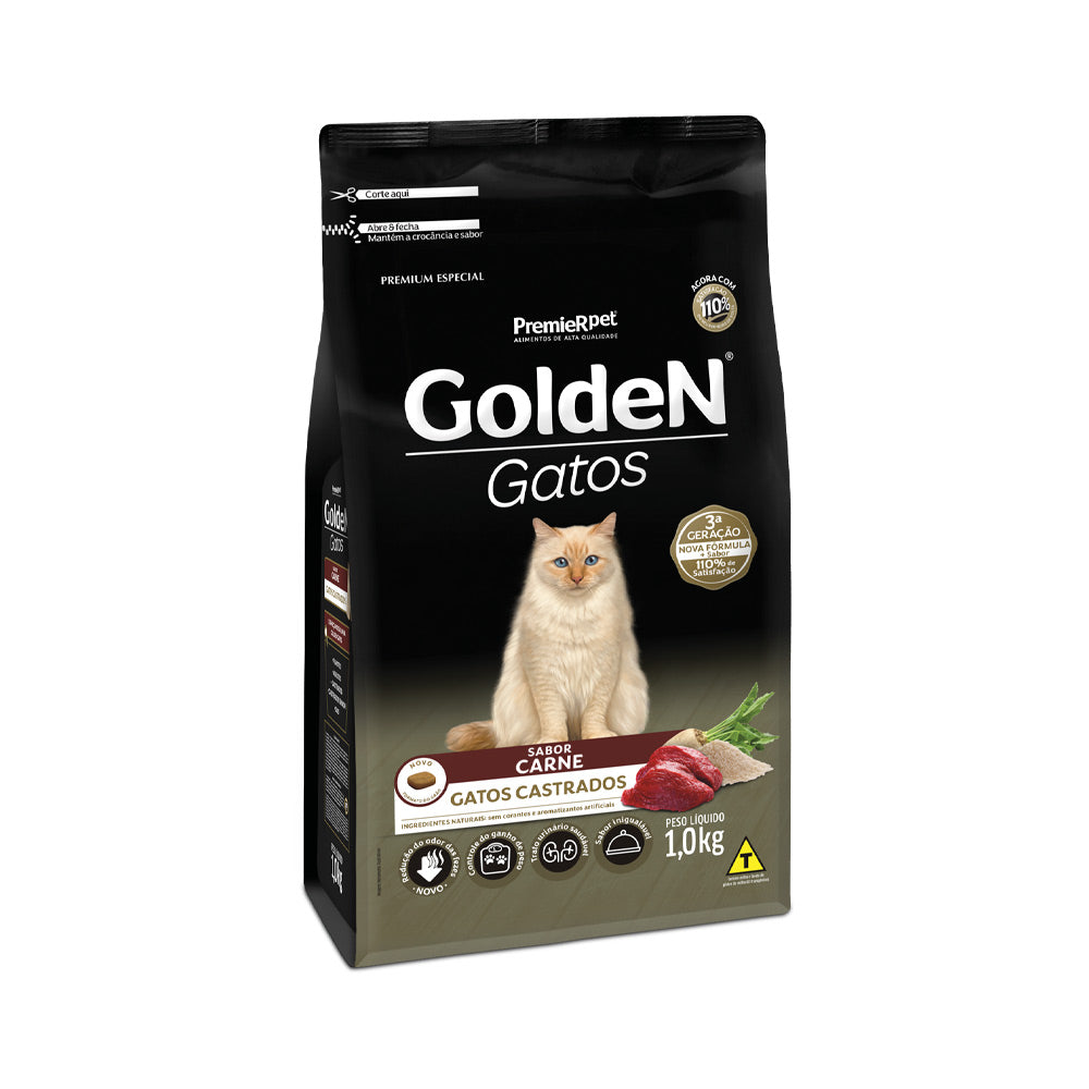 RAÇÃO GOLDEN PARA GATOS CASTRADOS SABOR CARNE 3,0KG