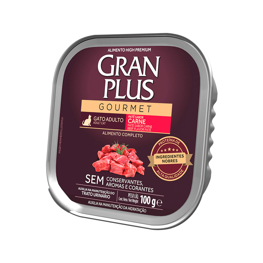 RAÇÃO ÚMIDA GRANPLUS GOURMET PATÊ SABOR CARNE PARA GATOS ADULTOS 100G