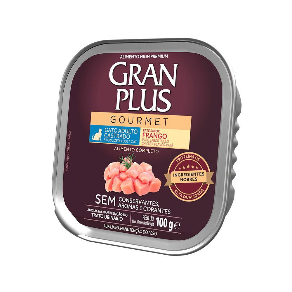 RAÇÃO ÚMIDA GRANPLUS GOURMET PATÊ SABOR FRANGO PARA GATOS CASTRADOS 100 G