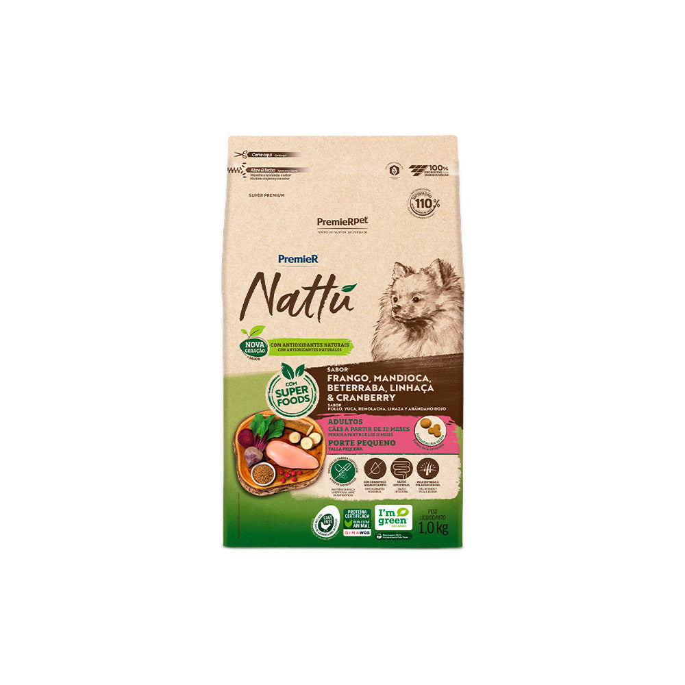 RAÇÃO PREMIER NATTU CÃO ADULTO PEQUENO PORTE FRANGO, MANDIOCA, BETERRABA, LINHAÇA E CRANBERRY