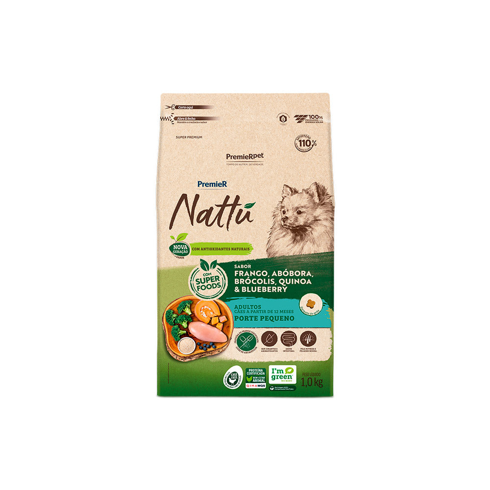 RAÇÃO PREMIER NATTU CÃO ADULTO PEQUENO PORTE FRANGO, ABÓBORA, BRÓCOLIS, QUINOA E BLUEBERRY