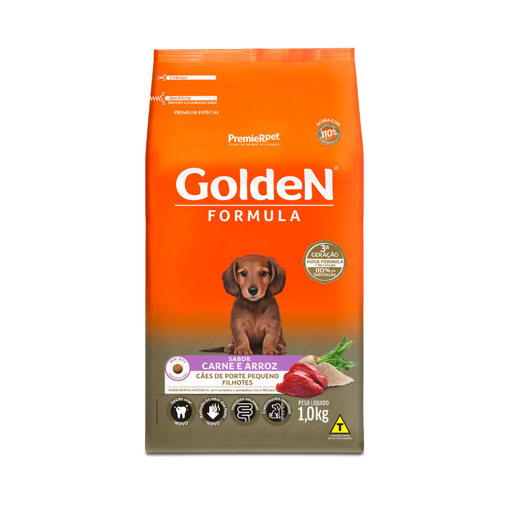 RAÇÃO GOLDEN MINI BITS PARA CÃES FILHOTES DE PORTE PEQUENO SABOR CARNE E ARROZ