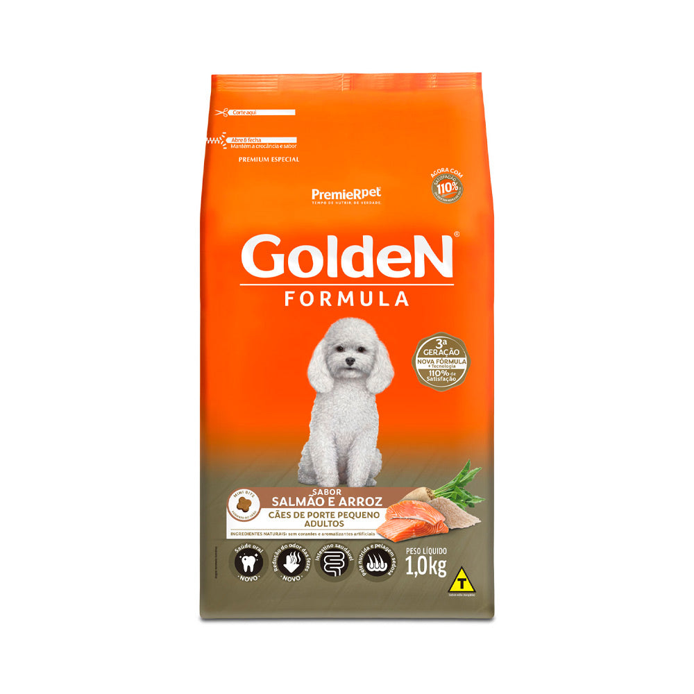 RAÇÃO GOLDEN MINI BITS PARA CÃES ADULTOS DE PORTE PEQUENO SABOR SALMÃO E ARROZ