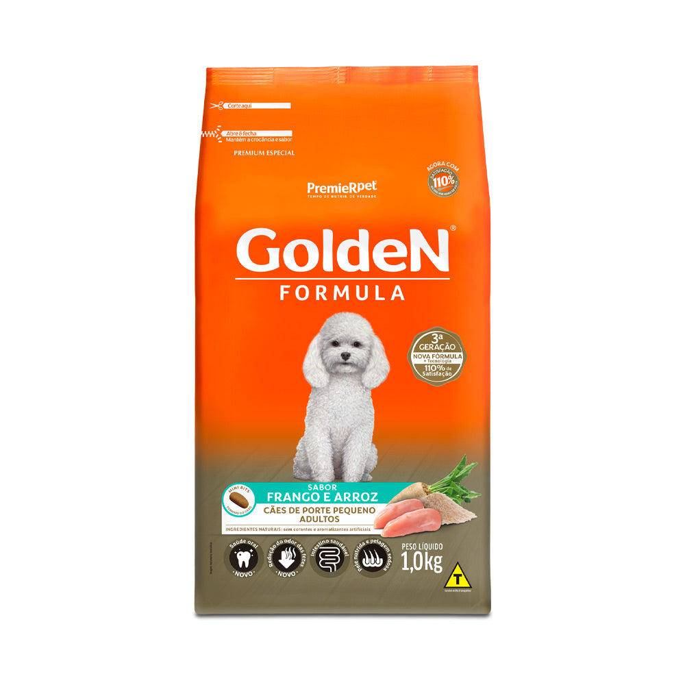 RAÇÃO GOLDEN CÃES ADULTOS DE PORTE PEQUENO SABOR FRANGO E ARROZ