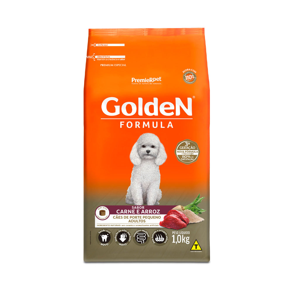 RAÇÃO GOLDEN CÃES ADULTOS DE PORTE PEQUENO SABOR CARNE E ARROZ