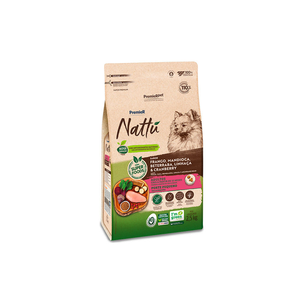 RAÇÃO PREMIER NATTU CÃO ADULTO PEQUENO PORTE FRANGO, MANDIOCA, BETERRABA, LINHAÇA E CRANBERRY