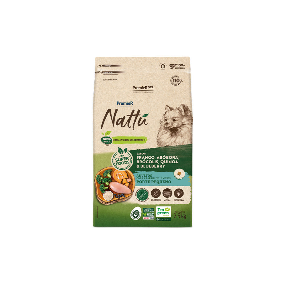 RAÇÃO PREMIER NATTU CÃO ADULTO PEQUENO PORTE FRANGO, ABÓBORA, BRÓCOLIS, QUINOA E BLUEBERRY