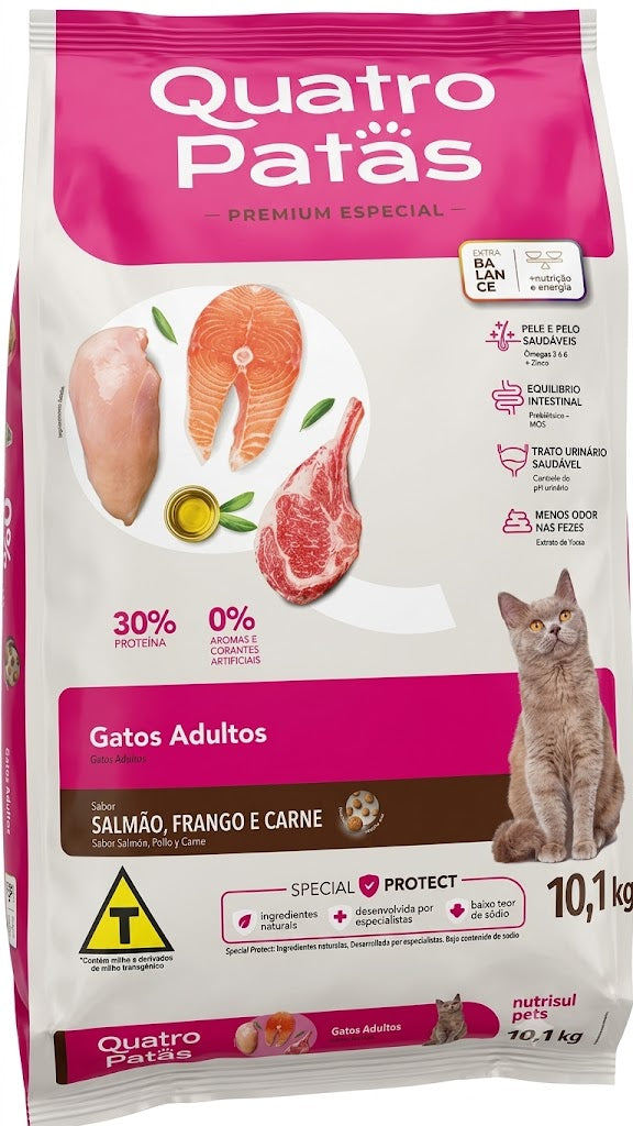 RAÇÃO QUATRO PATAS PREMIUM ESPECIAL GATOS ADULTOS SABOR SALMÃO, FRANGO E CARNE 10,1KG