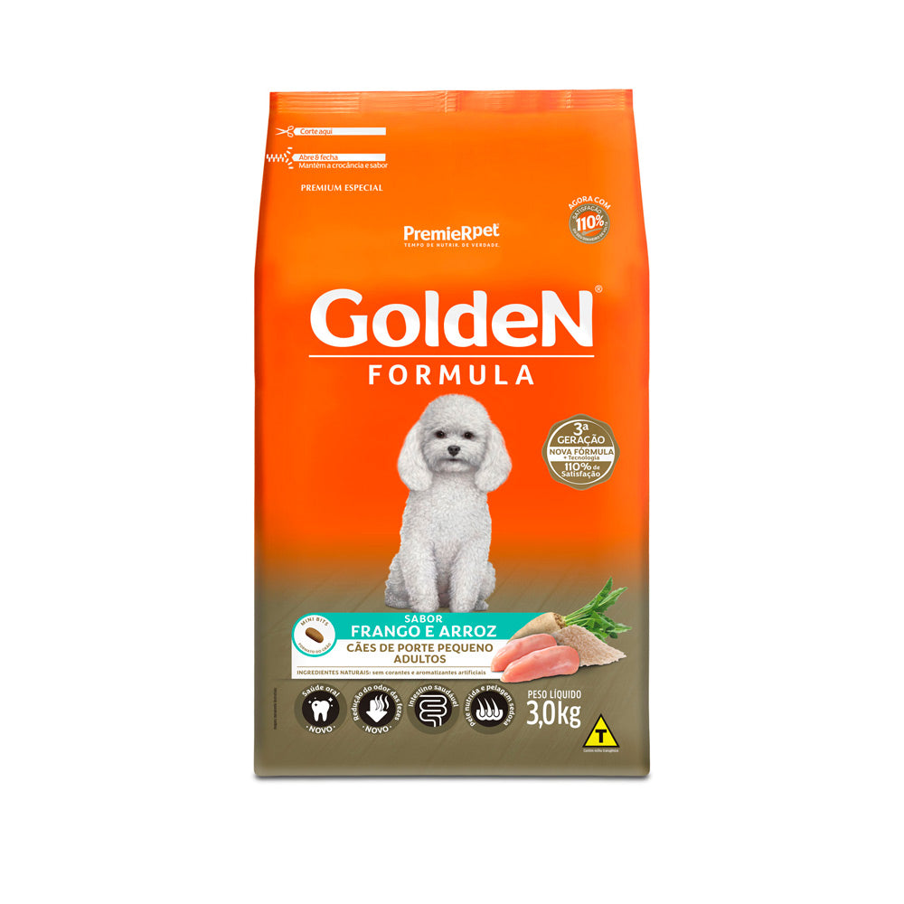 RAÇÃO GOLDEN CÃES ADULTOS DE PORTE PEQUENO SABOR FRANGO E ARROZ