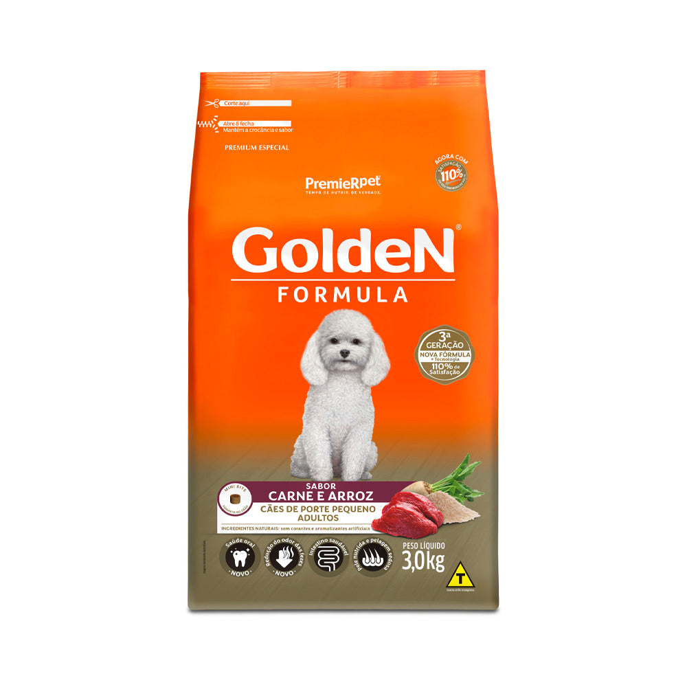 RAÇÃO GOLDEN CÃES ADULTOS DE PORTE PEQUENO SABOR CARNE E ARROZ