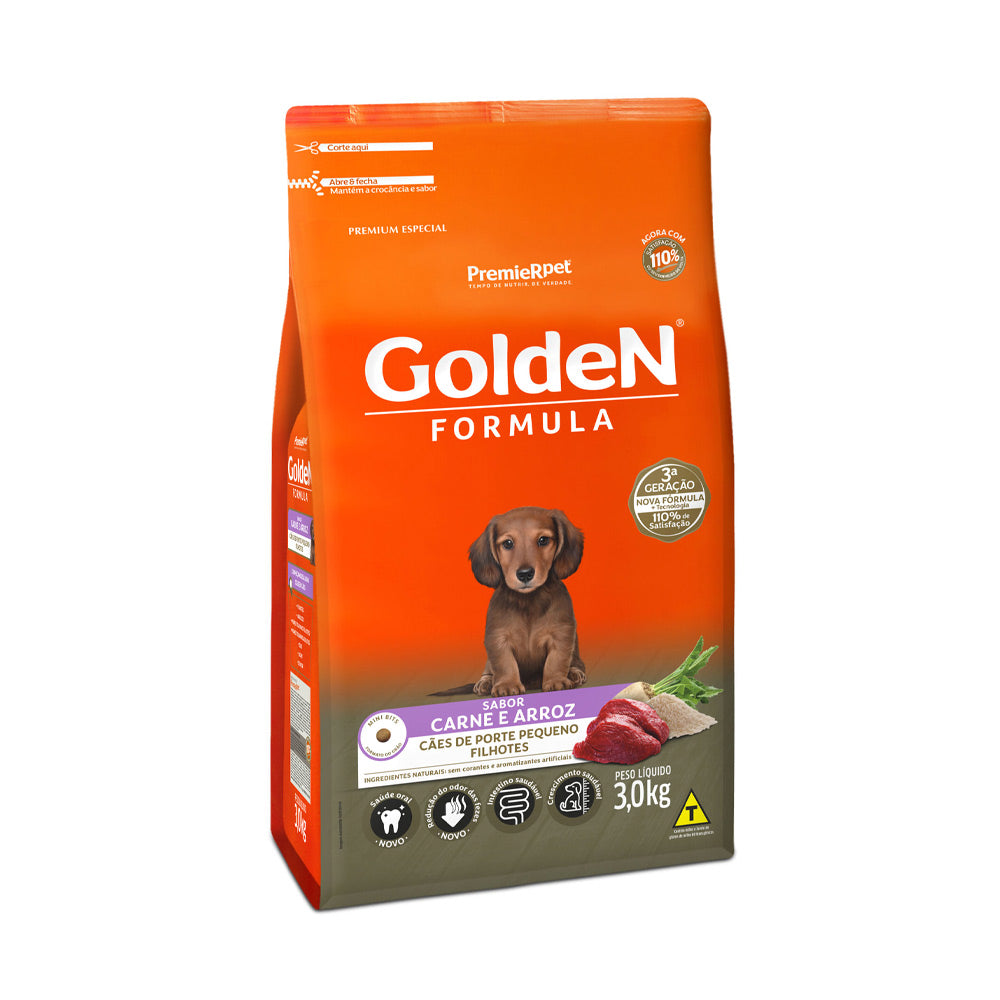 RAÇÃO GOLDEN MINI BITS PARA CÃES FILHOTES DE PORTE PEQUENO SABOR CARNE E ARROZ