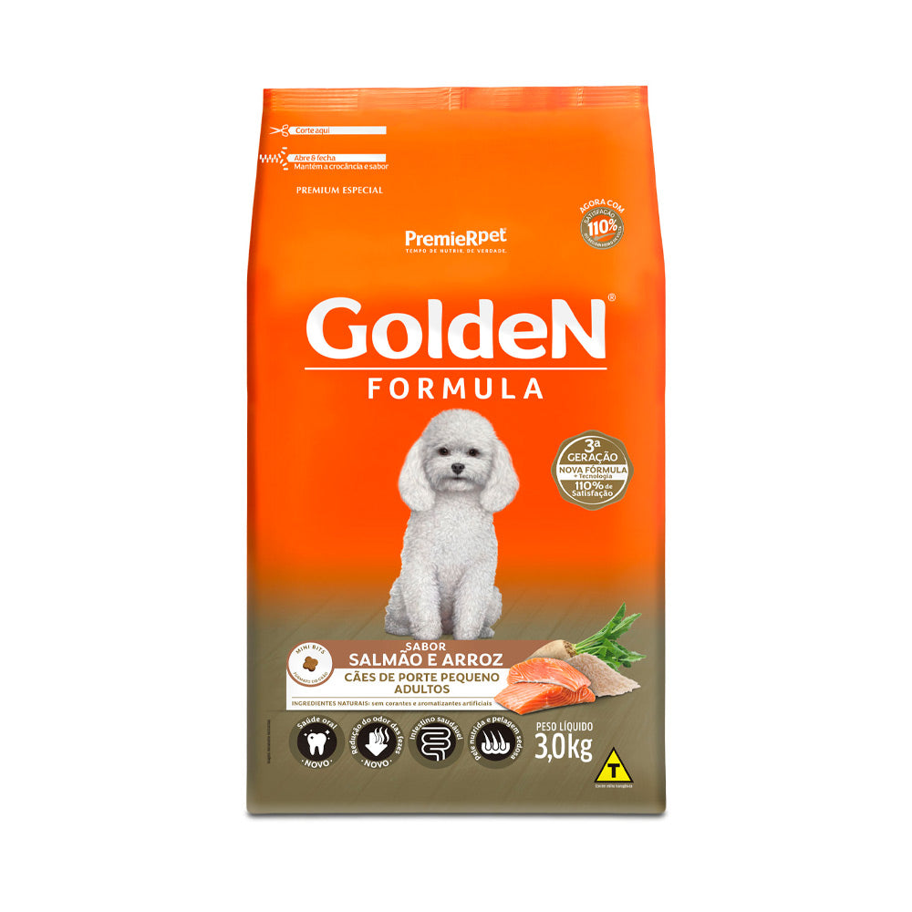 RAÇÃO GOLDEN MINI BITS PARA CÃES ADULTOS DE PORTE PEQUENO SABOR SALMÃO E ARROZ