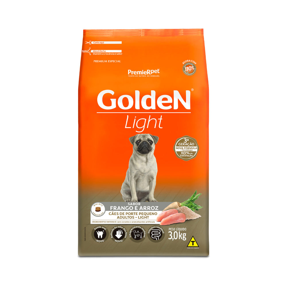 RAÇÃO GOLDEN  LIGHT MINI BITS PARA CÃES ADULTOS DE PORTE PEQUENO SABOR FRANGO E ARROZ