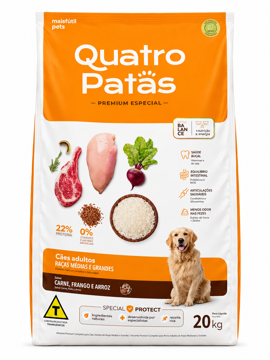 RAÇÃO QUATRO PATAS CÃES ADULTOS RAÇA MÉDIAS E GRANDES 20KG