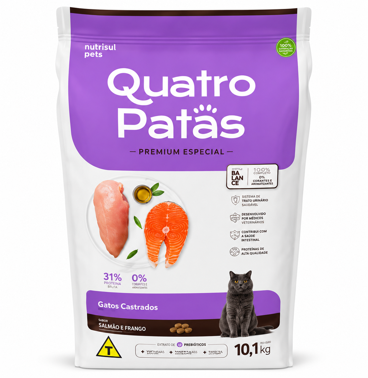 RAÇÃO PREMIUM ESPECIAL QUATRO PATAS GATOS CASTRADO SABOR SALMÃO 10,1KG