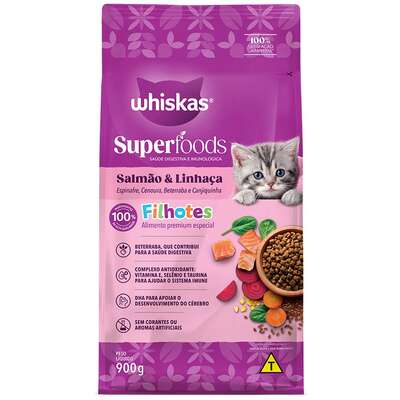 RAÇÃO SECA WHISKAS SUPERFOODS PARA GATOS FILHOTES SABOR SALMÃO E LINHAÇA 900G