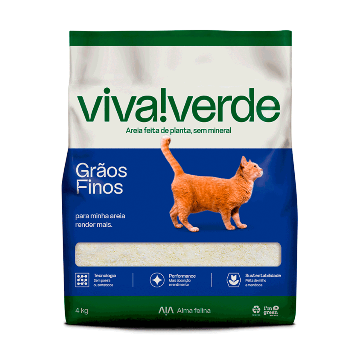 Areia Higiênica Biodegradável Milho e Mandioca Grãos Finos Viva Verde 4 kg