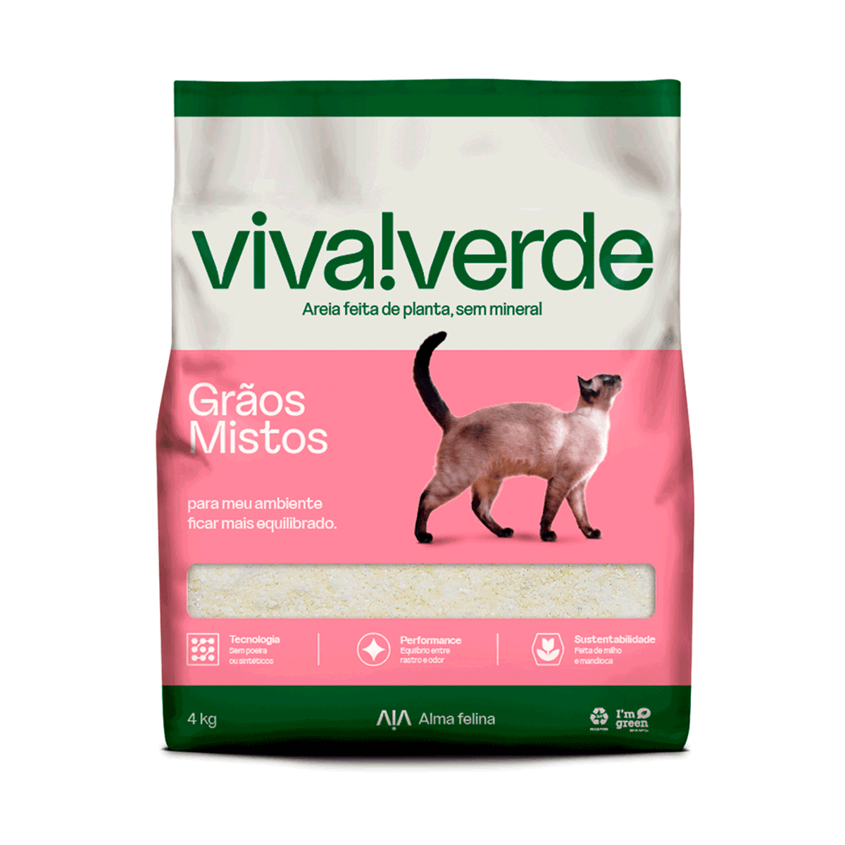 Areia Higiênica Biodegradável Milho e Mandioca Grãos Mistos Viva Verde 4 kg