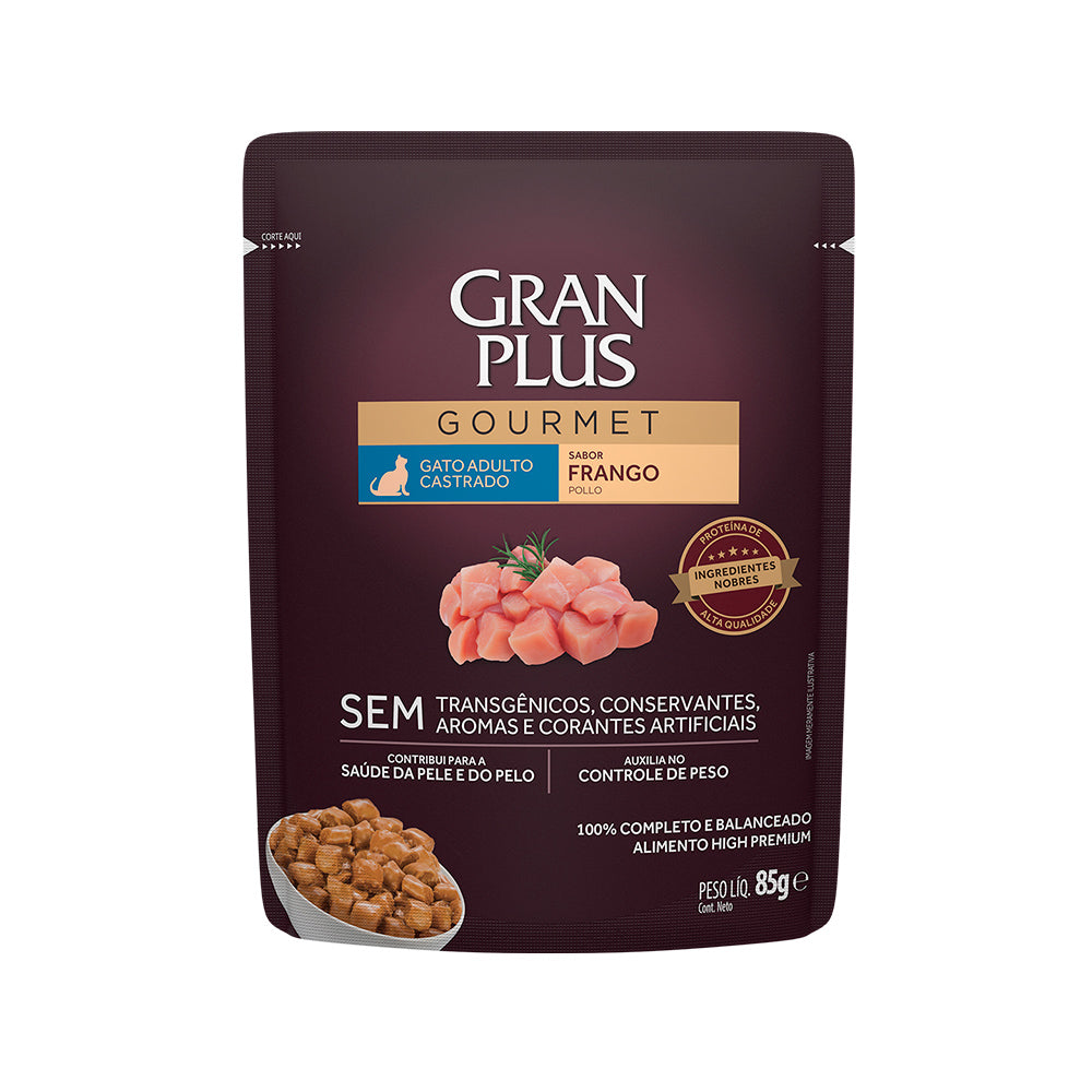 RAÇÃO ÚMIDA GRANPLUS GOURMET SACHÊ PARA GATOS ADULTOS CASTRADOS SABOR FRANGO - 85G