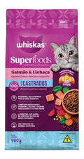 RAÇÃO SECA WHISKAS SUPERFOODS PARA GATOS ADULTOS CASTRADOS SABOR SALMÃO E LINHAÇA 900G