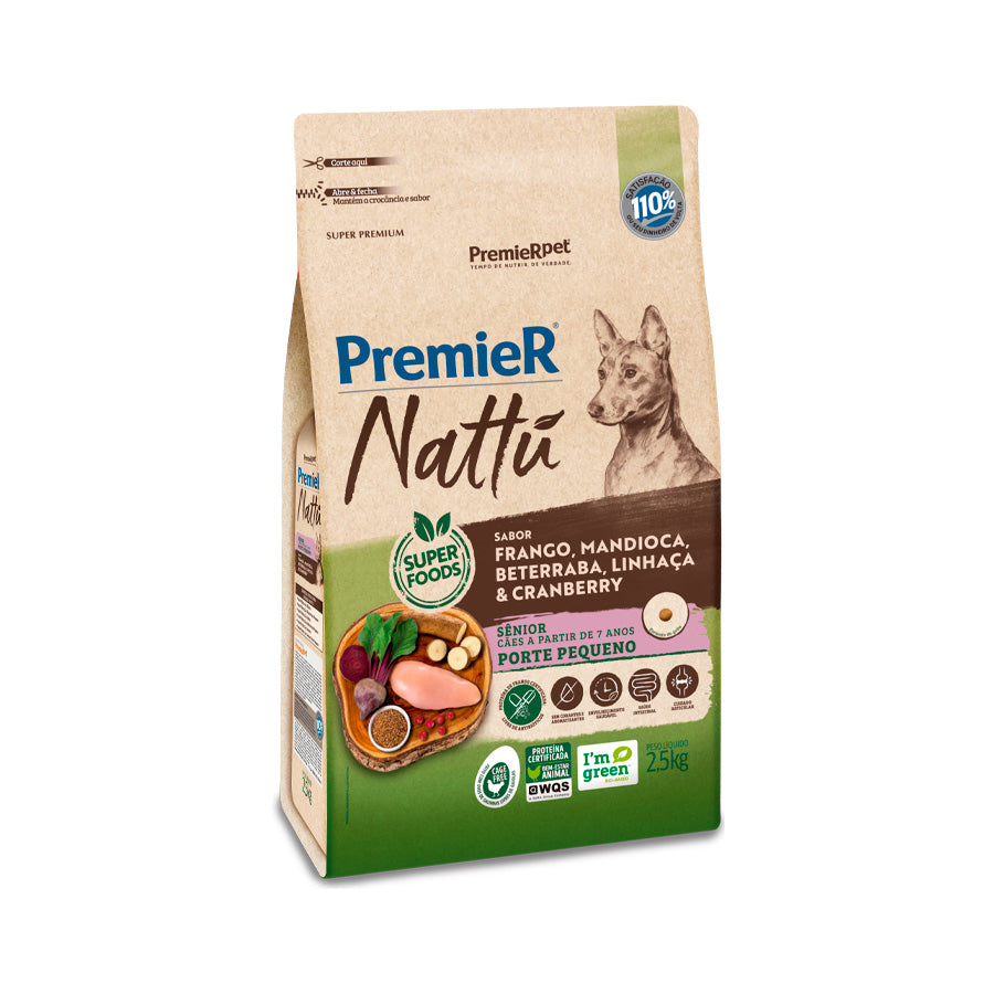 RAÇÃO PREMIER NATTU CÃO SÊNIOR PEQUENO PORTE FRANGO, MANDIOCA, BETERRABA, LINHAÇA E CRANBERRY 2,5KG