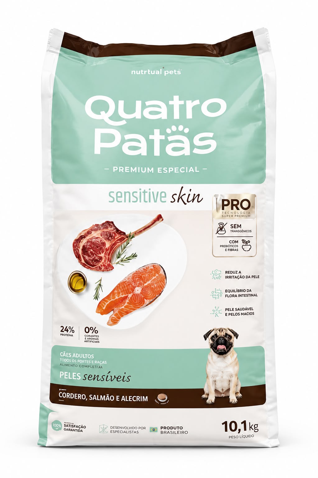 RAÇÃO QUATRO PATAS PREMIUM ESPECIAL CÃES ADULTOS SENSITIVE SKIN SABOR CORDEIRO, SALMÃO E ALECRIM 10,1KG