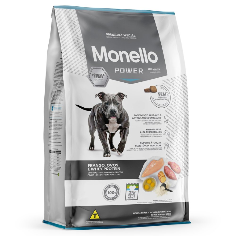RAÇÃO MONELLO ESPECIAL CÃES ADULTOS POWER FRANGO, OVOS E WHEY PROTEIN 15KG