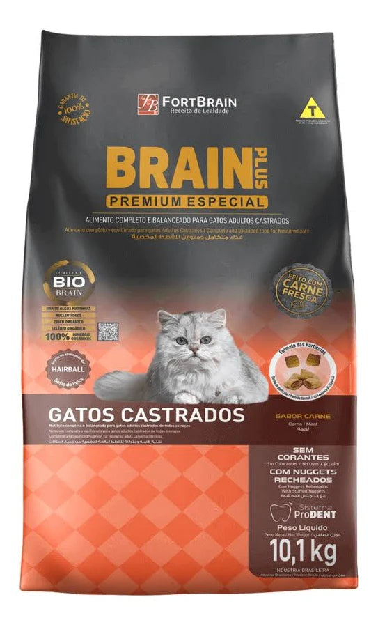 RAÇÃO PARA GATOS CASTRADOS E PELOS SABOR CARNE BRAIN PLUS 10.1KG