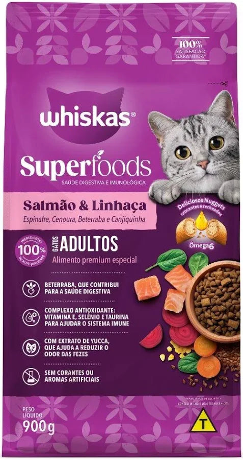 RAÇÃO WHISKAS SUPERFOODS SALMÃO E LINHAÇA GATOS ADULTOS 900KG