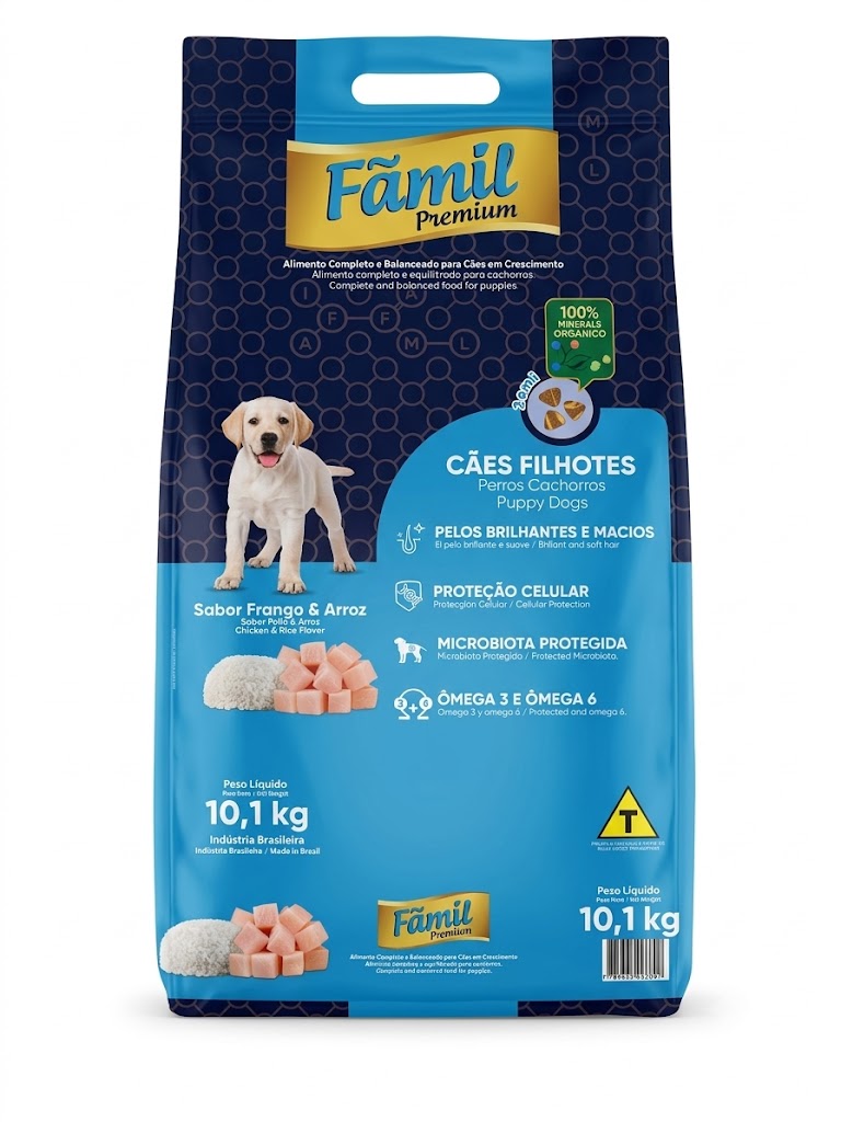 RAÇÃO FAMIL PREMIUM FILHOTES SABOR FRANGO E ARROZ 10,1KG
